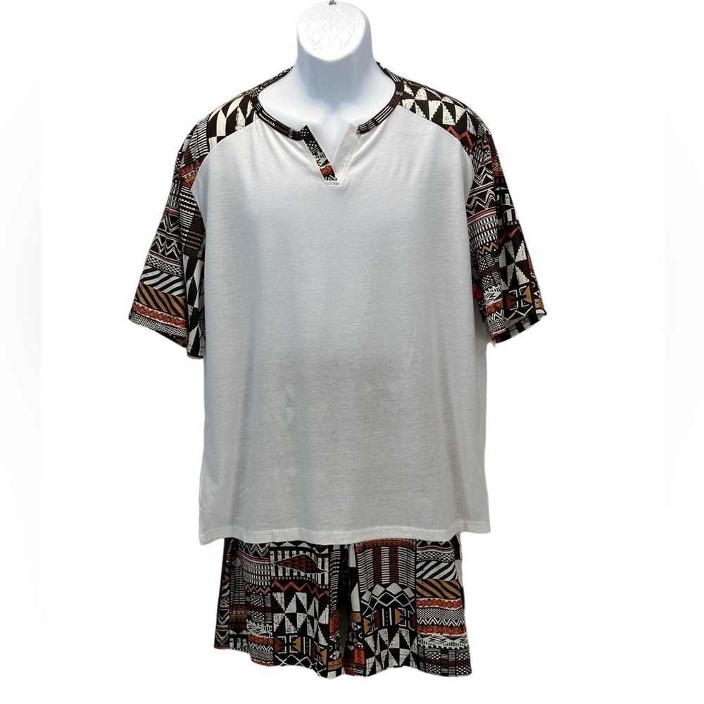 Kingbega Short Sleeve Lounge Pajama Tee and Shorts Set - White Brown Orange - XL